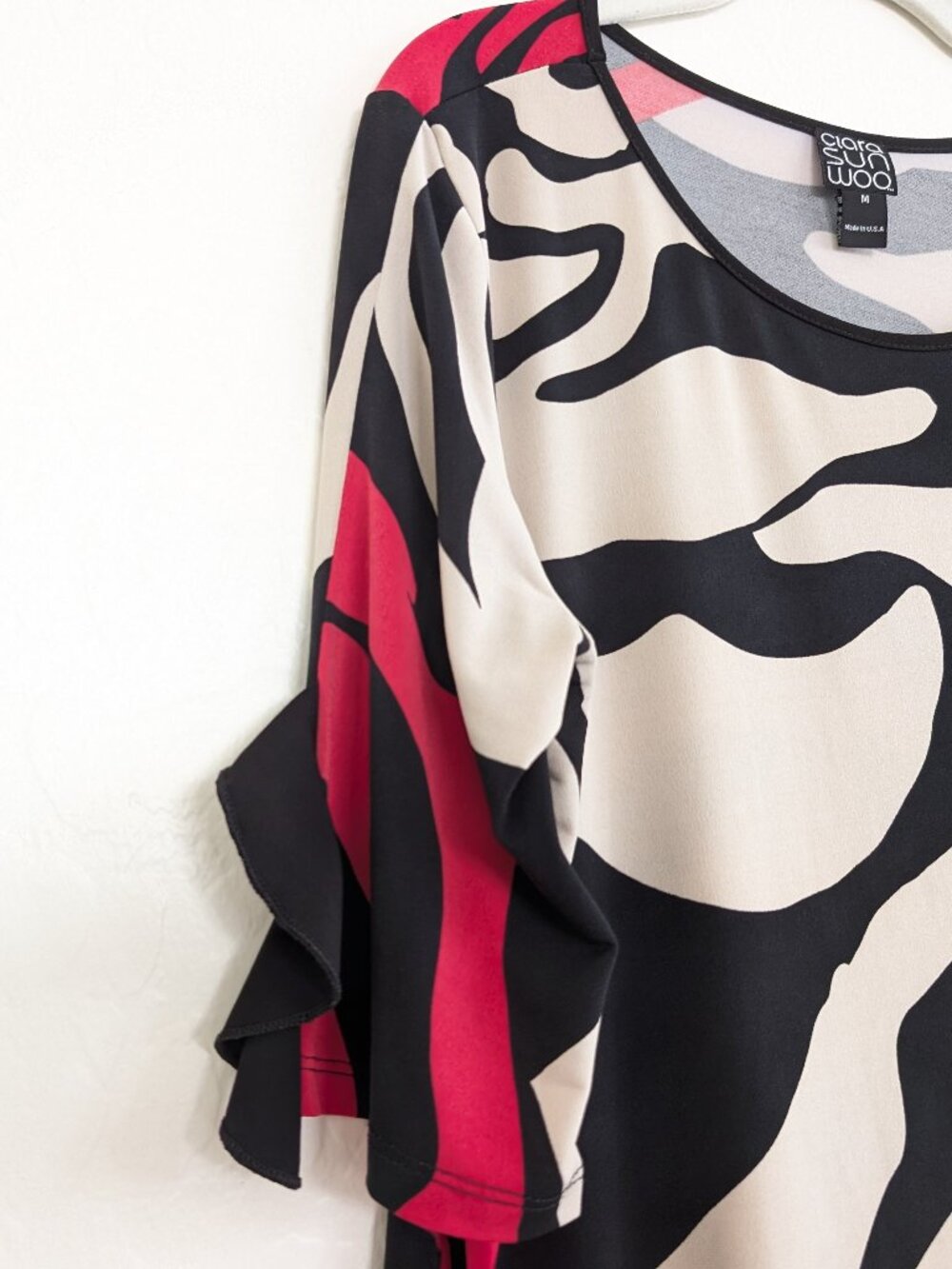 CLARA SUN WOO Top Womens M Multicolor Abstract Round Neck Ruffle Accent Pullover - Picture 3 of 10